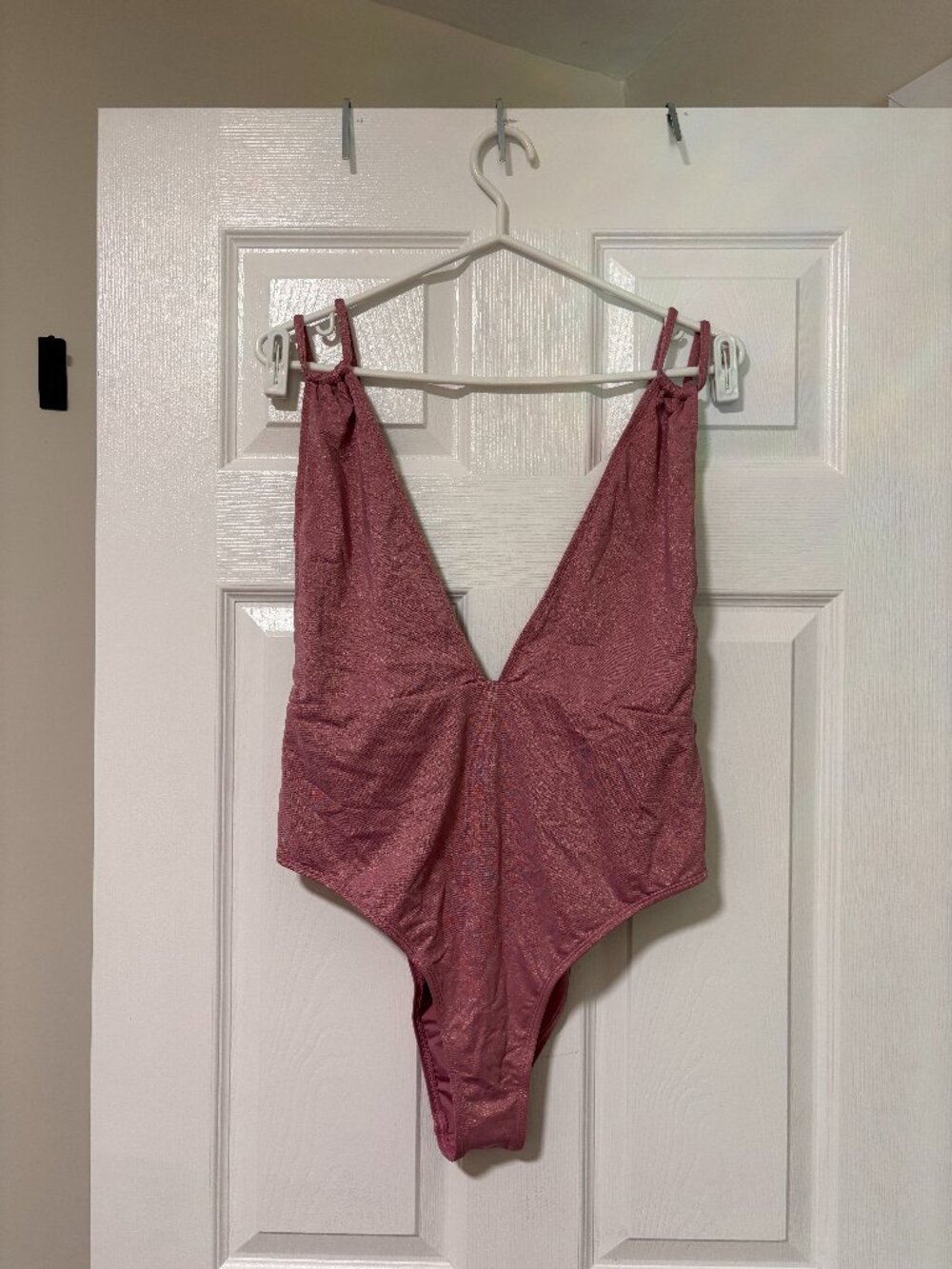 Shimmer Rose Pink One-Piece Swimsuit | Deep Plunge | Adjustable Tie Back (XL)